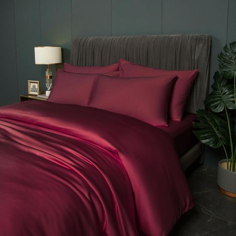 Parure de lit rafraîchissante 220 x 240 cm - Bambou rouge bordeaux uni - 100 % fibre de bambou naturelle - Respirante - Housse de couette avec fermeture éclair et 2 taies d'oreiller (1/5)