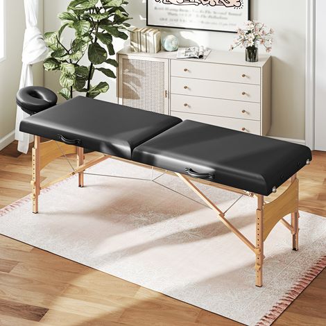 Table de massage réglable en hauteur, cadre en bois, lit de massage pliable, rembourrage en mousse, noir (1/5)