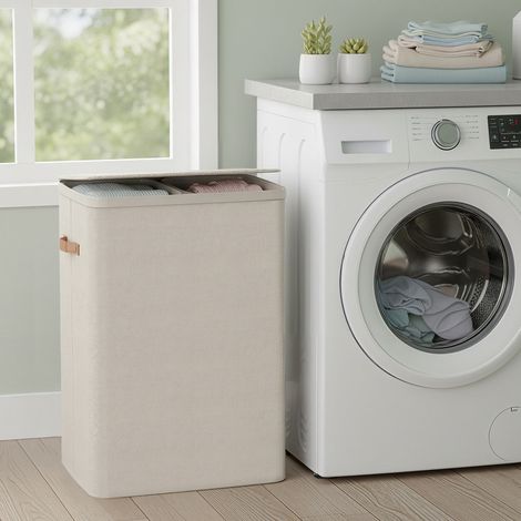 Panier à linge, collecteur de linge 170 L à 2 compartiments, trieur de linge, avec couvercle et poignées, beige (1/5)