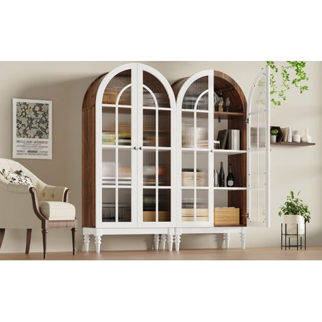 2er-Set Vitrinenschränke mit Bogenfront und Riffelglas, MDF, Nussbaumoptik/Weiß, 76 x 38,5 x 165 cm (1/5)