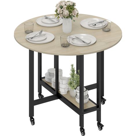 Table pliante, table avec étagère ouverte, table de cuisine roulante pour salle à manger, petits espaces, naturelle