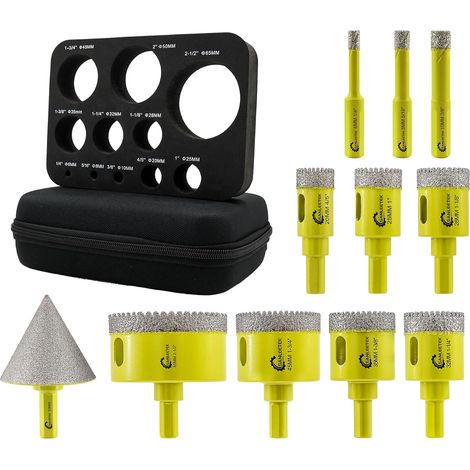 Foret Diamant Carrelage Kit - 11pcs 6/8/10/20/25/28/32/35/45/65mm+50mm Mèches Chanfrein Dentelé Scie Cloche avec Tige Triangulaire pour Carrelage Céramique Porcelaine Marbre Granit (1/5)