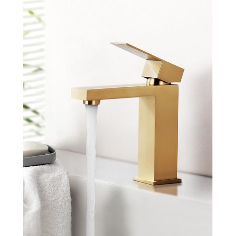 Robinet de lavabo carré, mitigeur monocommande pour lavabo, en acier inoxydable, doré (1/4)