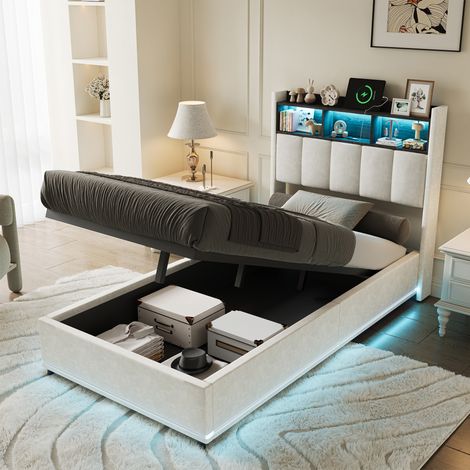 Lit coffre 90x200,lit simple 90x200,avec sommier à lattes,Tête de lit avec chargement USB et lumières LED réglables,tissu en velours,Blanc (1/5)
