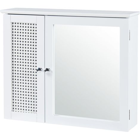 Mobiletto/scaffale da parete per bagno 50 x 60 x 15 cm con specchio MDF PVC effetto rattan bianco 030008893