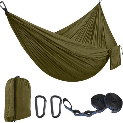 Filiyano-Hamac double d'extérieur (300 x 200 cm), idéal pour le camping et les voyages. Toile de nylon parachute 210T, vert armée. (1/5)