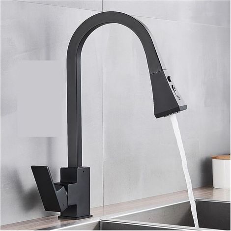 Robinet de cuisine carré extractible levier unique chaud froid 360 Rotation mitigeur bassin eau grue robinet for cuisine - noir (1/5)