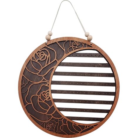 Porte-Bijoux Murale en Bois avec Design Lunaire - Organisateur avec Grilles pour Colliers, Bracelets, Boucles d'Oreilles et Accroches - Blanc ou Jaune - Diamètre 25 cm (1/5)