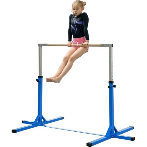 Barre gymnastique enfant réglable 13 niveaux avec structure acier et bois hêtre bleu