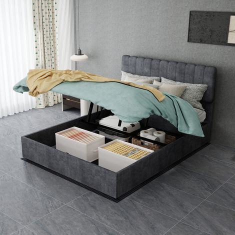 Cama tapizada con cabecero suave, 140x200 cm, gris, mueble de dormitorio multifuncional, base alta con almacenamiento y mecanismo de elevación a gas, colchón no incluido. (1/5)