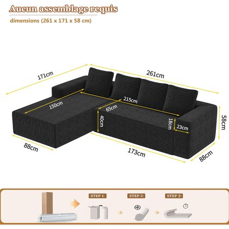Canapé d’angle modulable avec chaise longue, canapé moderne à assise profonde, tissu velours côtelé noir, sans assemblage, pour salon ou chambre (1/5)