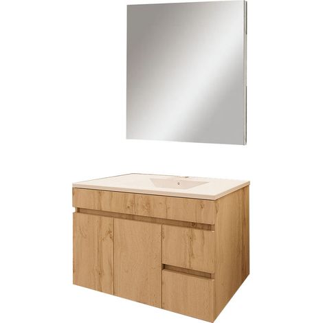 Kibath Mueble de baño con Lavabo, Espejo y Aplique LED URBAN 80x45 cm acabado ROBLE NATURAL mate 2 cajones y puertas suspendido (1/5)