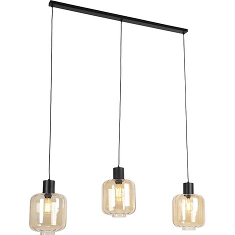 QAZQA Lampada a sospensione tavolo soggiorno qara - Design - Alluminio,Vetro,Acciaio - Nero - Oblungo Max. 3 x Watt