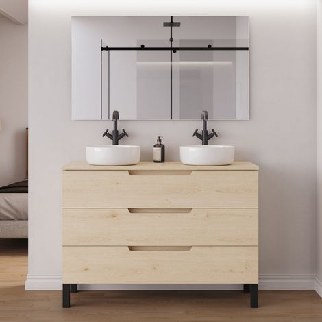 Meuble de salle de bain 120cm avec plateau et 2 vasques à poser rondes - 3 tiroirs - roble calima (bois clair) - RIZA (1/5)
