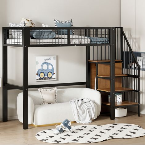 Lit mezzanine 90 x 200 cm enfant en métal noir avec escalier, armoire intégrée et gain de place (1/5)