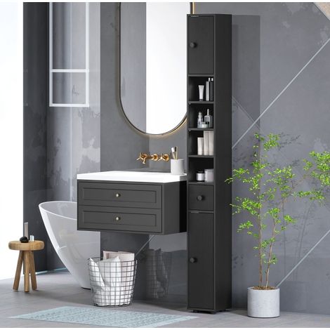 Meuble de salle de bain haut et étroit noir 180 x 20 cm, ouvertures et 2 compartiments OKWISH (1/5)