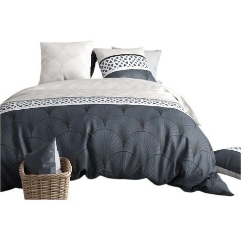 Housse couette + 2 taies 260 x 240 cm Eventails graphique arcadie (1/4)
