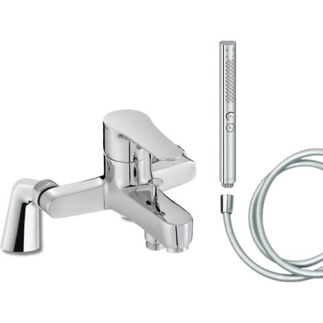 Mitigeur baignoire JACOB DELAFON July + pommeau de douche Shift+ rond + flexible de douche lisse + colonnettes (1/4)