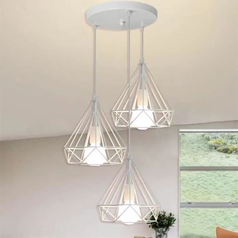 U-Do Lustre Suspension Luminaire Industriel 3 Têtes Lampe Abat - Jour Cage forme Diamant en Fer Blanc E27 pour Salon Cuisine (1/4)