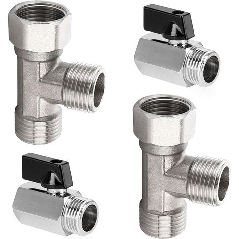 2 Pièces Mini Robinets à Boisseau Sphérique avec Vanne 3 Voies, Fils Internes et Externes à 4 Points, Pivotant à 90°, Raccord en T 1/2", Convient pour les Toilettes de la Salle de Bains (Argent) (1/5)