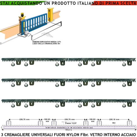 Asta Cremagliera Antiusura Universale M4 Tre Pezzi da 1 Metro in Nylon Antirumore Interno Acciaio Portata Garantita 6 Q.li Max 10 Q. 6 Bulloni X Metro Ricambio Cancello Scorrevole Giunture a Incastro (1/4)