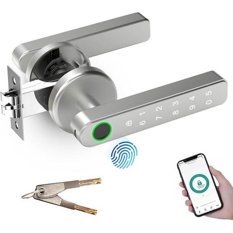 Serrure de porte intelligente 4 en 1 avec clavier électronique, code, Bluetooth et empreinte digitale, poignée argentée, sécurité (1/5)