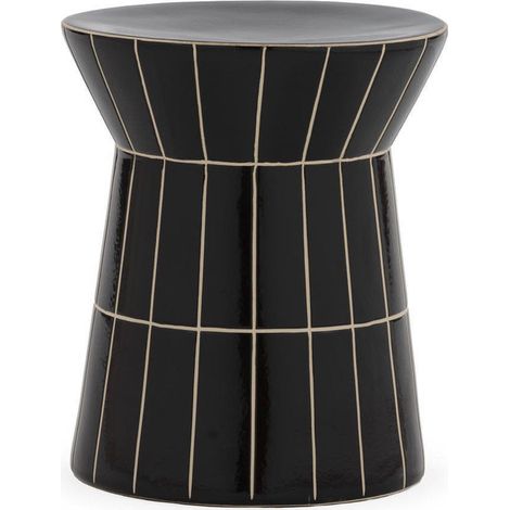 Tabouret en céramique noire graphique - noir à lignes beige (1/4)