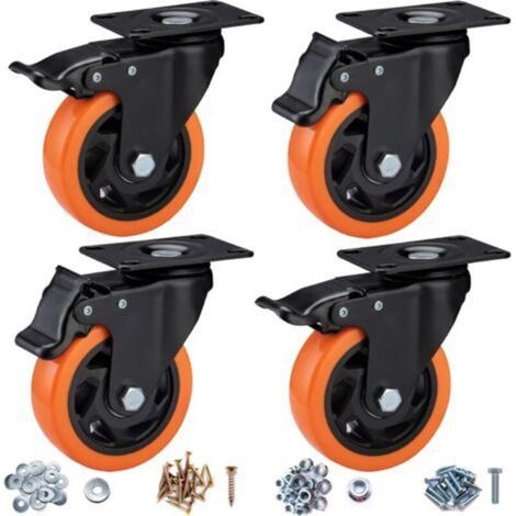 Ruedas giratorias de alta resistencia (10 cm de diámetro), juego de 4 – ruedas industriales con freno, ruedas con bloqueo para muebles y bancos de trabajo, color naranja - Crezuo (1/4)