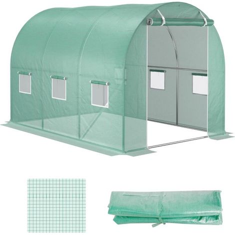 Bâche de Rechange Serre Tunnel 6 m², bâche 3 x 2 x 2 m PE Anti-UV imperméable 6 fenêtres + Porte Enroulable zippée Vert