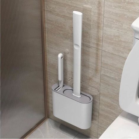 Brosse de toilette en silicone Brosse de nettoyage de toilette Brosse de squat Kit de suspension murale de salle de bain, Gris (1/2)