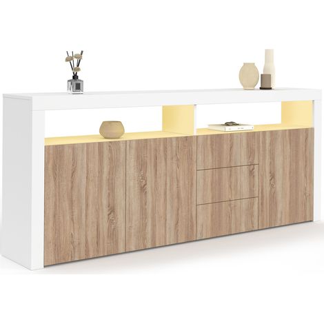 Buffet 180 cm ELIGHT XXL 3 portes et 3 tiroirs avec LED et niches blanc et bois façon hêtre