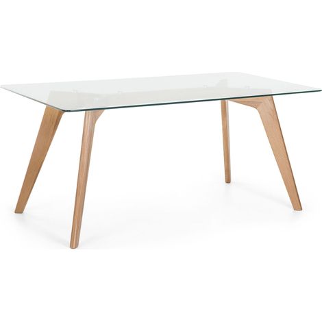 Table à Manger Moderne Plateau en Verre Pieds Inclinés en Bois Massif Meuble de Salon 180 x 90 cm Hudson II (1/5)