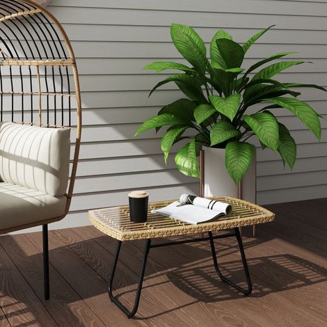 Table d'appoint de jardin en résine tressée, 90x50x45cm, table basse avec plateau verre trempé, naturel