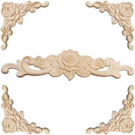Dekorative Holzleiste, 5-teilig, Holzschnitzerei, dekorative Holzleiste, Applikation, dekorative Rosette, florales Holzschnitz-Aufkleber, dekorative Ecke, geschnitzt für Möbeldekoration