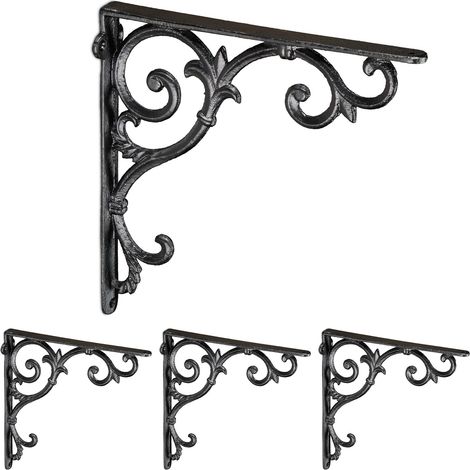Relaxdays 4x XL Shelf Brackets, Cast Iron, Rack Support, Vintage Motif, HWD: 26 x 5 x 26 cm, Angle for Shelves, Black
