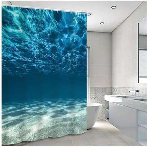 Rideau de douche bleu anti-moisissure avec crochet tissu rideau de douche salle de bain rideau de douche monde sous-marin 180cmx180cm (1/5)