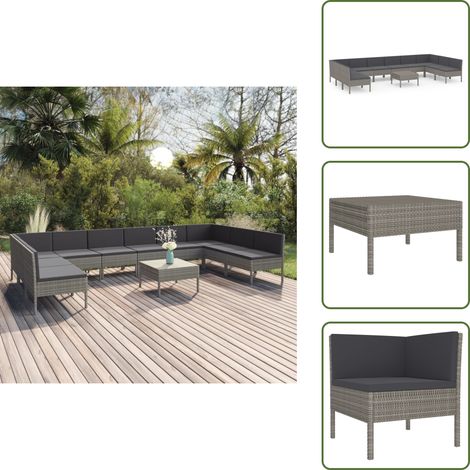 The Living Store Set Divani da Giardino 11 pz con Cuscini in Polyrattan Grigio - Set da giardino