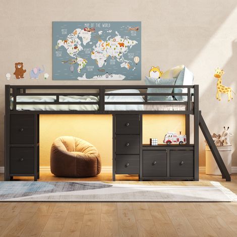 Lit mi-hauteur mezzanine enfant 90x200 cm avec 7 tiroirs en tissu, LED 7 couleurs, étagères ouvertes, espace de jeu, garde-corps, métal et MDF, noir (1/5)