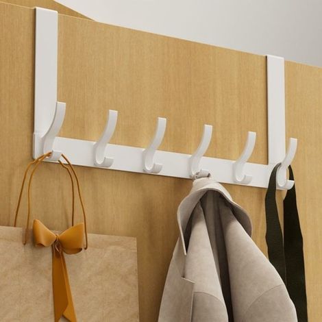 Porte-manteau de porte à 6 crochets, utilisable en haut et en bas pour une utilisation optimale de l'espace derrière la porte, charge maximale 20 kg, 39,5 cm × 28 cm × 5,5 cm, blanc. (1/5)
