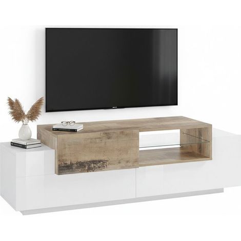 Dmora Mueble para TV para salón, Made in Italy, mueble para TV con 3 puertas, 160x45h51 cm, blanco brillante y color arce, con embalaje reforzado