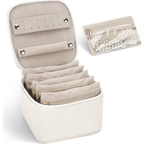 Petite boîte à bijoux de voyage en cuir grain litchi avec 6 poches transparentes en velours pour bijoux, rangement bijoux pour filles pour boucles d'oreilles, bagues, beige (1/5)