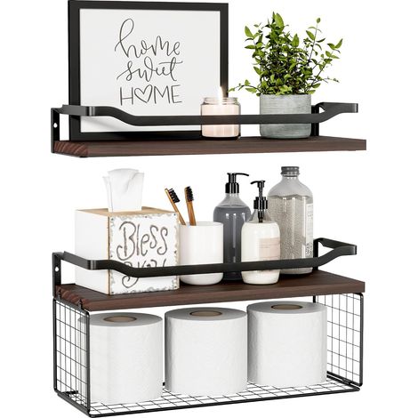 Lot de 2 étagères flottantes, étagères en bois pour salle de bain au-dessus des toilettes avec panier – Étagère flottante rustique pour décoration murale– Brun (1/5)