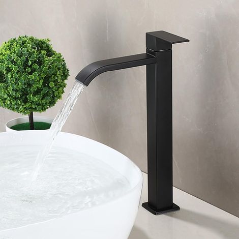 Robinet lavabo cascade, noir, surélevé, monocommande, monotrou (1/5)