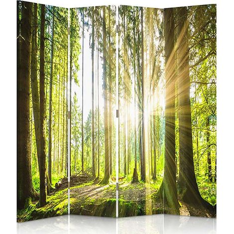 Paravent Ambiance Forêt Lumineuse et Nature - 4 Panneaux - 145 x 180 cm - 1 face déco, 1 face noir