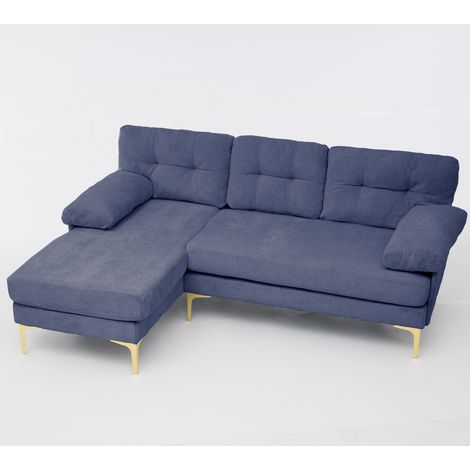 [Nouveautés] [Vidéo fournie] Canapé en L 187.5CM, équipé de 3 coussins d'assise, pieds en métal, canapé 3 places, fonction méridienne convertible, tissu chenille, accoudoirs rembourrés, bleu (1/5)