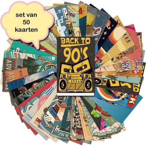Lot de 50 cartes postales vintage « Retour aux années 90 » (15 x 10 cm), en carton épais, au verso vierge. (1/5)
