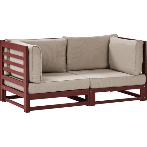 Sofá 2 plazas de madera de acacia oscura rojo oscuro cojines gris pardo Trani