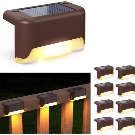 Ensemble de 8 lampes solaires pour clôture - Lampe d'extérieur - Éclairage solaire de jardin - Éclairage d'escalier et de terrasse - Marron - Plastique ABS (1/5)