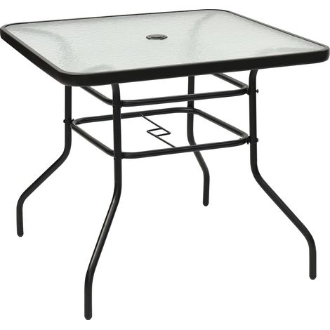Table de jardin carrée en verre trempé 81 x 81 x 71 cm avec parasol pratique et design moderne en métal noir