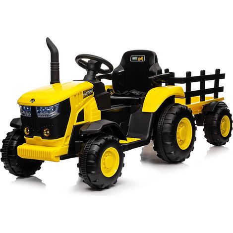 Tracteur Électrique Enfant 12V, Remorque Amovible, Double Moteur 35W, Télécommande Parentale, Musique & MP3, 3 Vitesses, LED, Dès 3 Ans, Jaune (1/5)